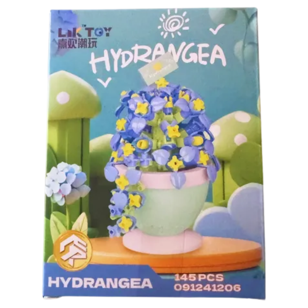 Building block sets featuring a yellow sunflower and a blue hydrangea in decorative pots