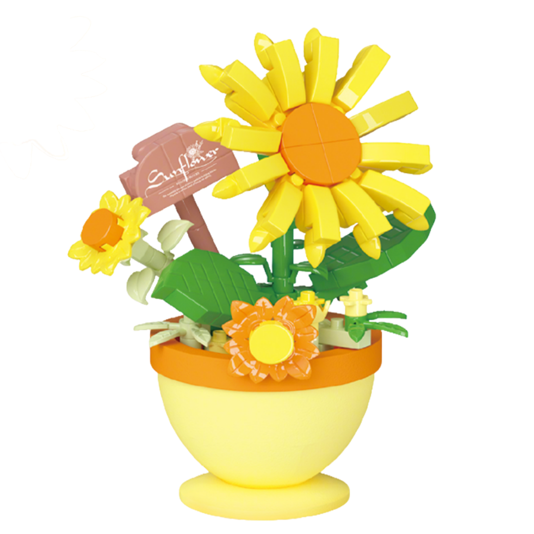 Building block sets featuring a yellow sunflower and a blue hydrangea in decorative pots