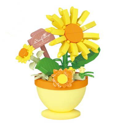 Building block sets featuring a yellow sunflower and a blue hydrangea in decorative pots