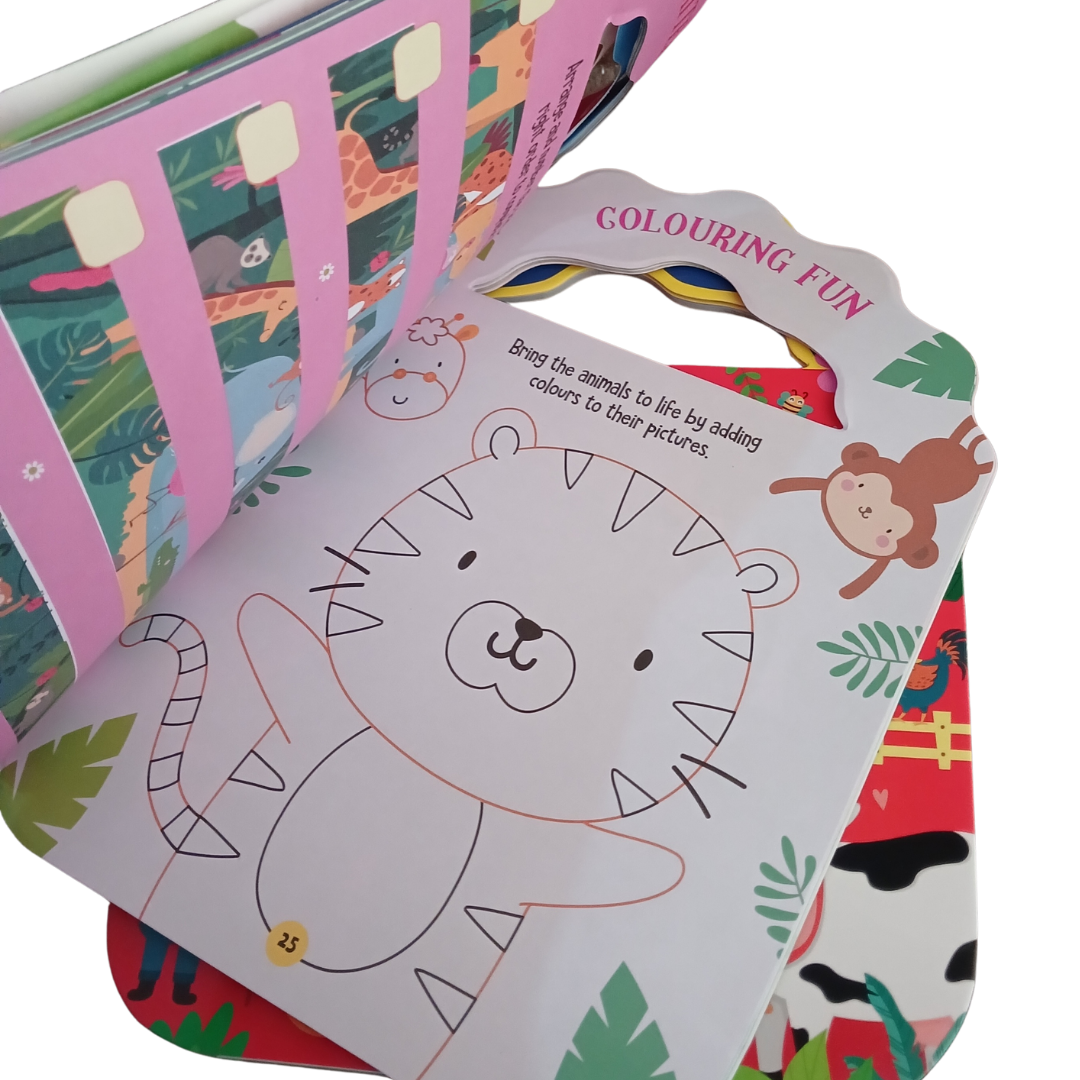 Children's colouring book with a lion illustration.