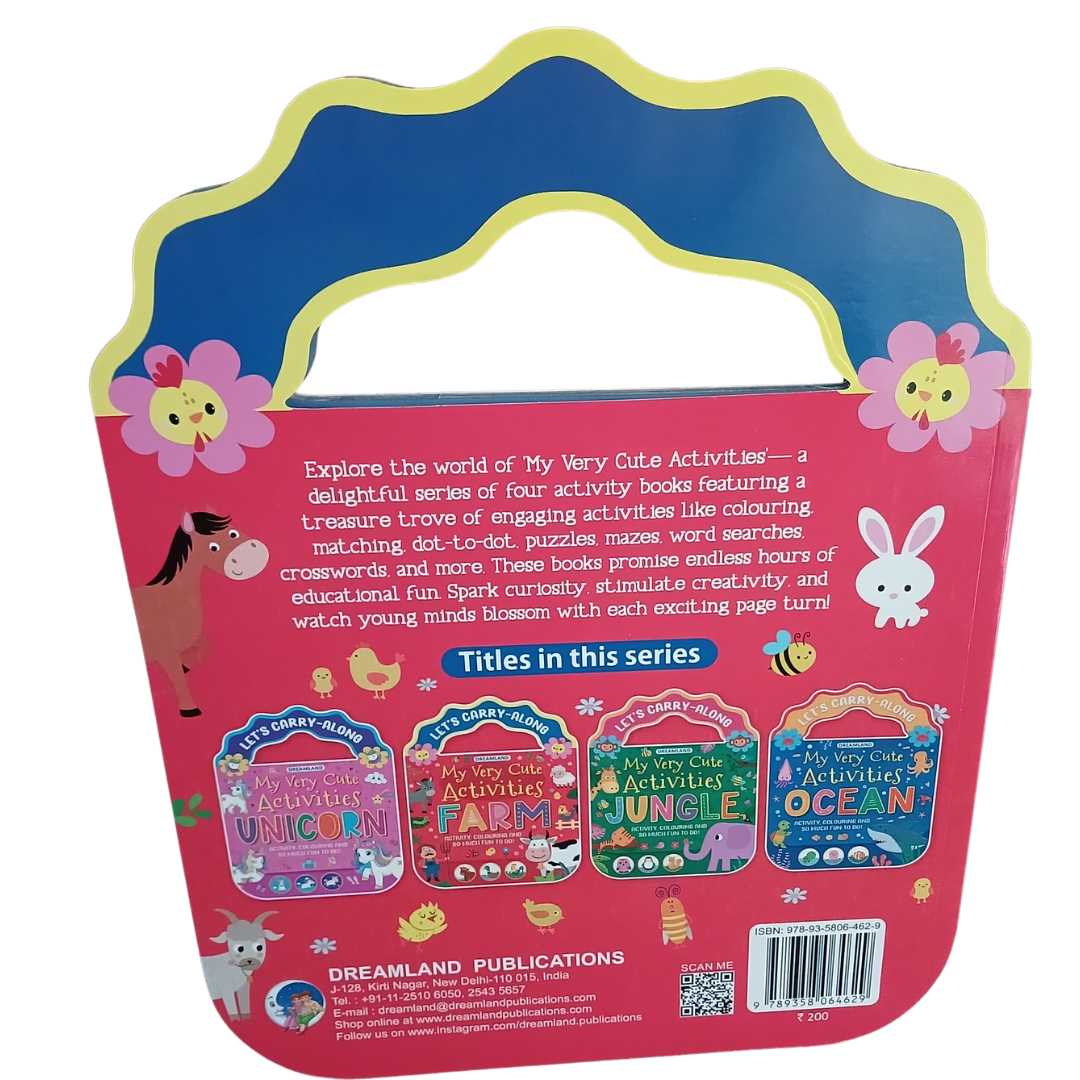 Children's book titled 'My Very Cute Activities Farm' with farm animals illustrations.