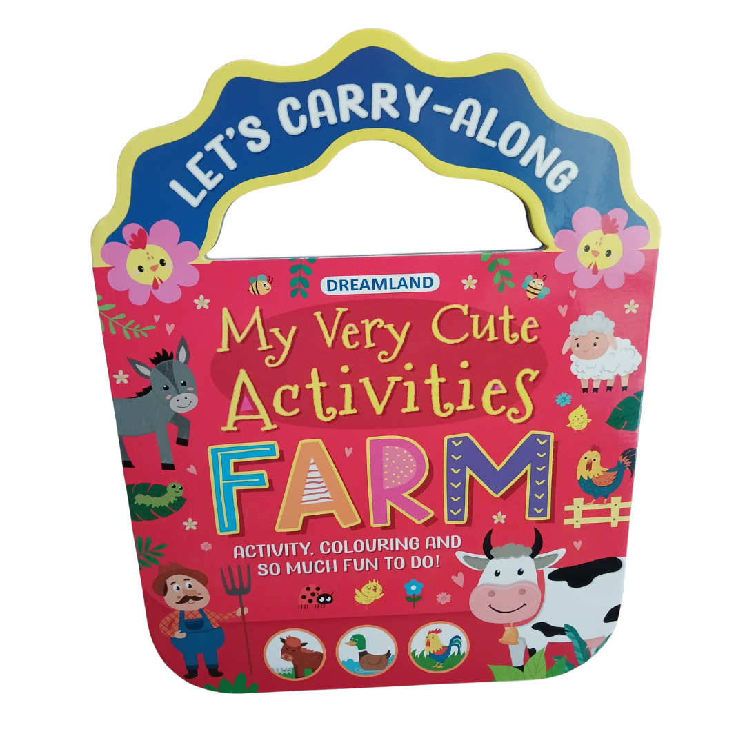Children's book titled 'My Very Cute Activities Farm' with farm animals illustrations.
