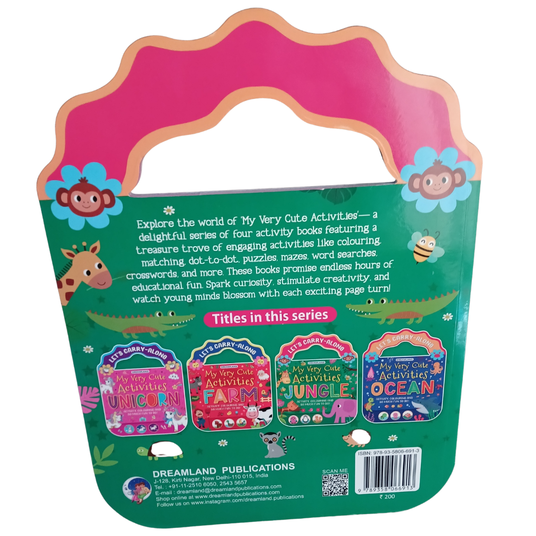 Children's activity book titled 'My Very Cute Activities Jungle' with colorful illustrations.
