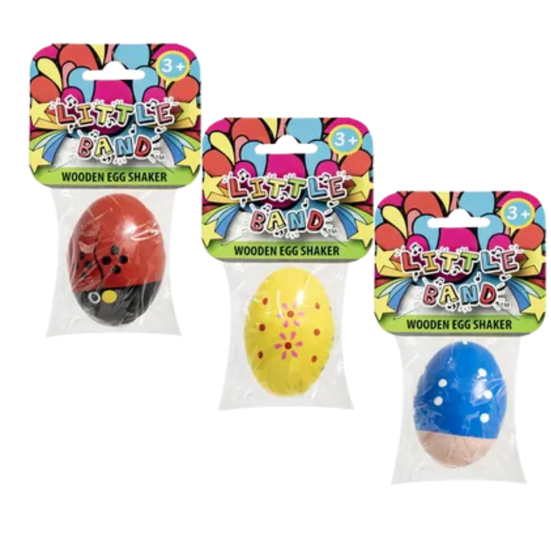 Little Band Wooden Egg Shakers showing unique painted styles including a red ladybug design, a yellow flower pattern, and a blue spotted design.