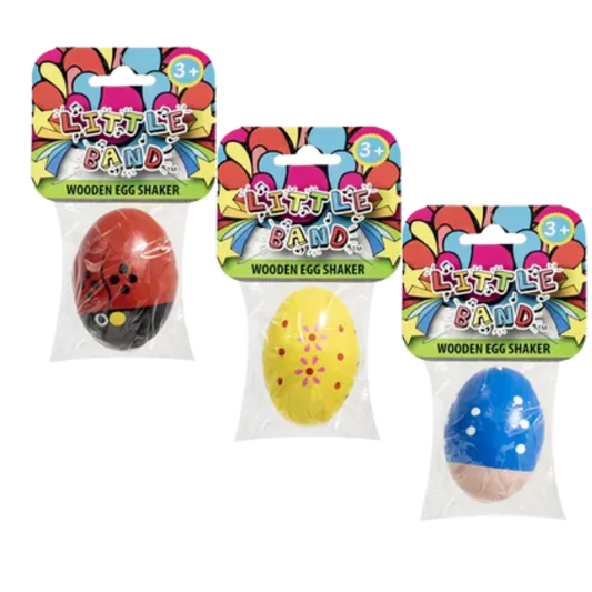 Little Band Wooden Egg Shakers showing unique painted styles including a red ladybug design, a yellow flower pattern, and a blue spotted design.