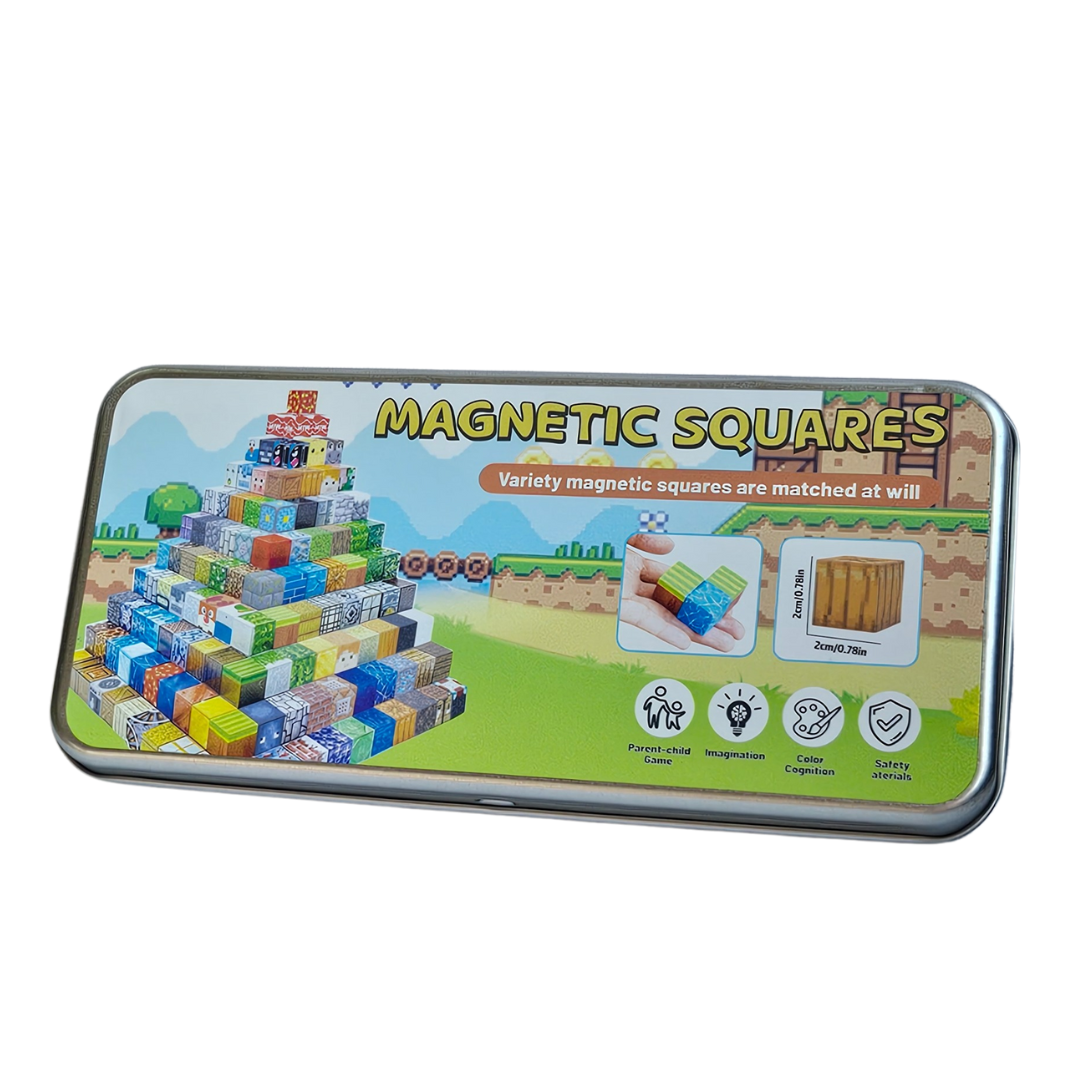 Box of magnetic squares with colorful illustrations 