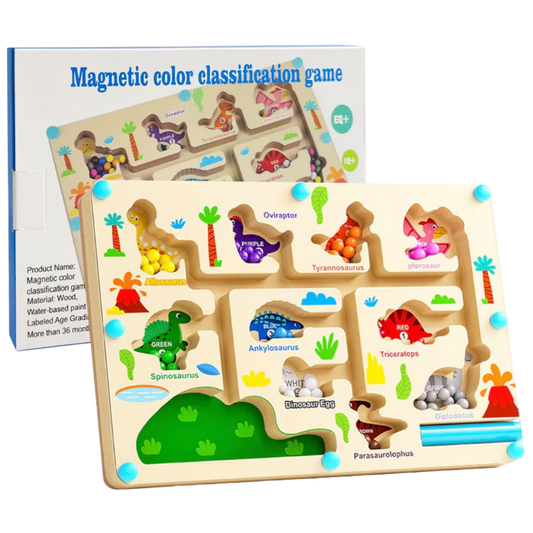 Wooden magnetic dinosaur color classification board game with colorful beads and magnetic wand.