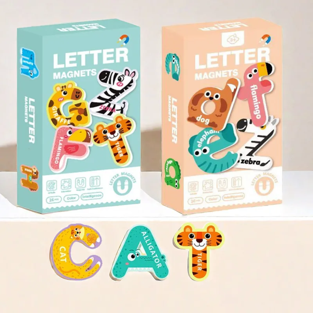 Animal Alphabet Magnet sets for kids. Educational letter magnets featuring colorful animal designs like Giraffe, Zebra, Flamingo, and Tiger.