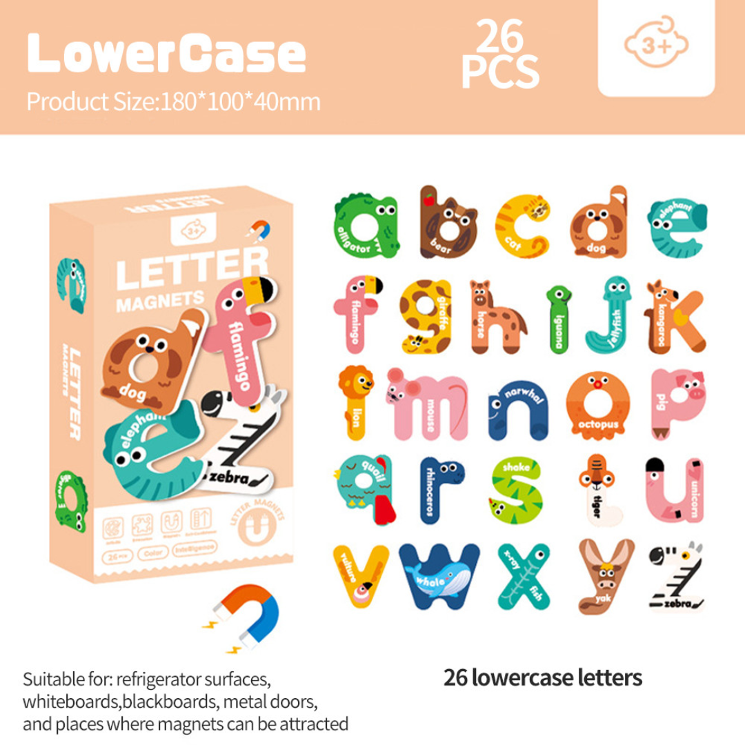 Box of letter magnets with colorful lowercase letters 
