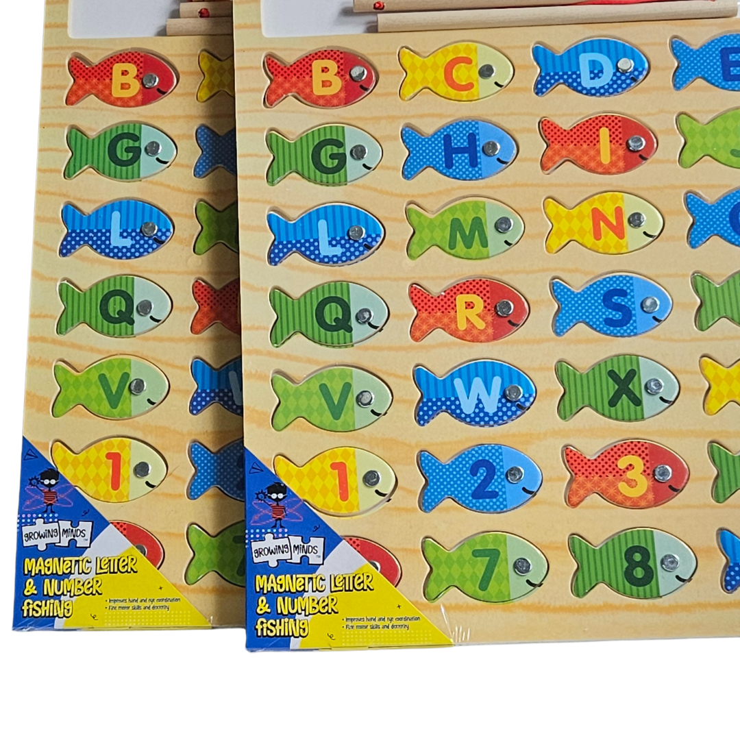 Two Magnetic Letter & Number Fishing boards angled together, showing the packaging label and letter/number fish pieces