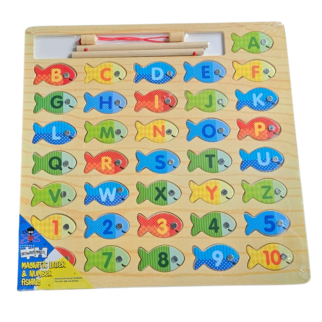 Wooden educational toy with magnetic fish featuring letters and numbers 