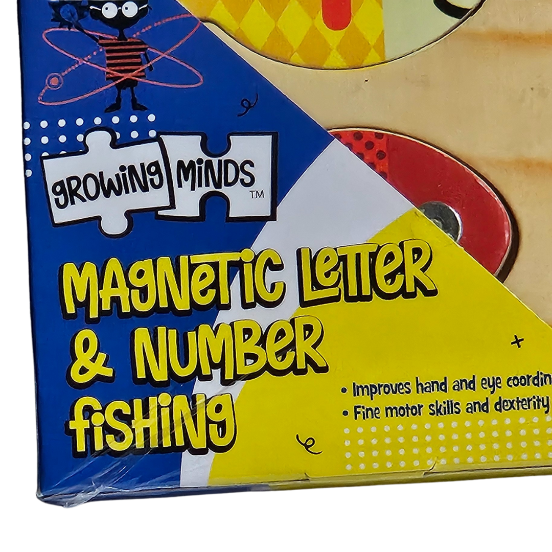 Close-up of the Magnetic Letter & Number Fishing packaging corner, showing the Growing Minds branding