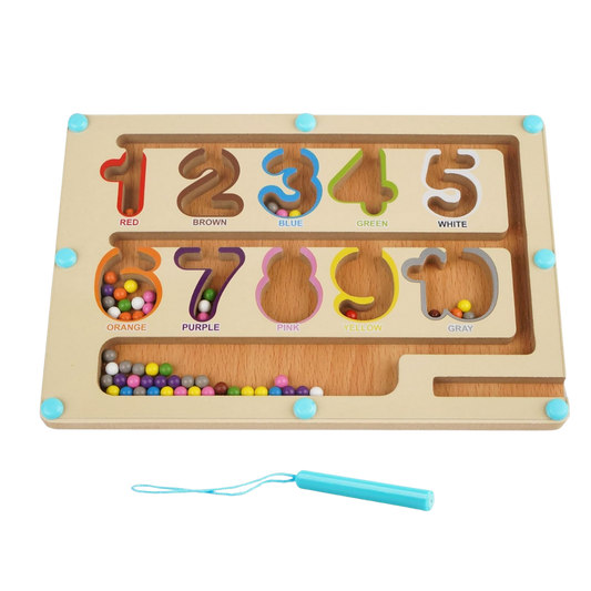Wooden Magnetic Colour Classification Game board with slots for numbers 1 to 9 (Red to Gray). A wand guides small coloured beads.