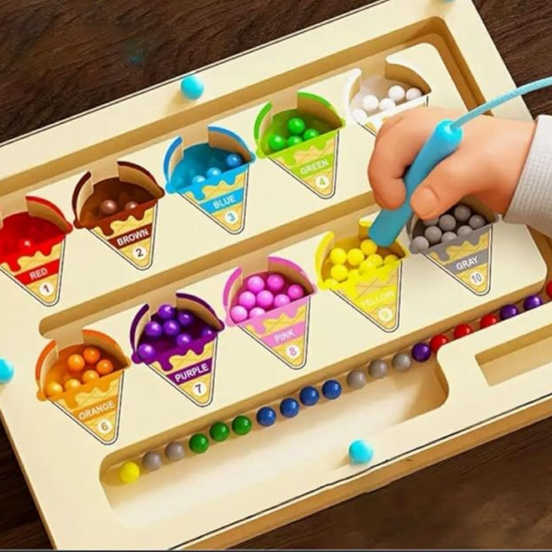 Wooden magnetic maze board game with a blue wand guiding beads into ten coloured ice cream cones, numbered 1 to 10.