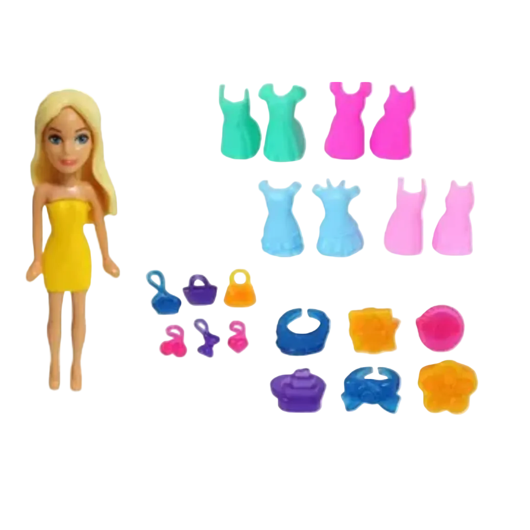 Perfect Play Scented Mini Dolls 28-piece collectable toy box featuring two mini dolls, colorful clip-on dresses, and fashion accessories.