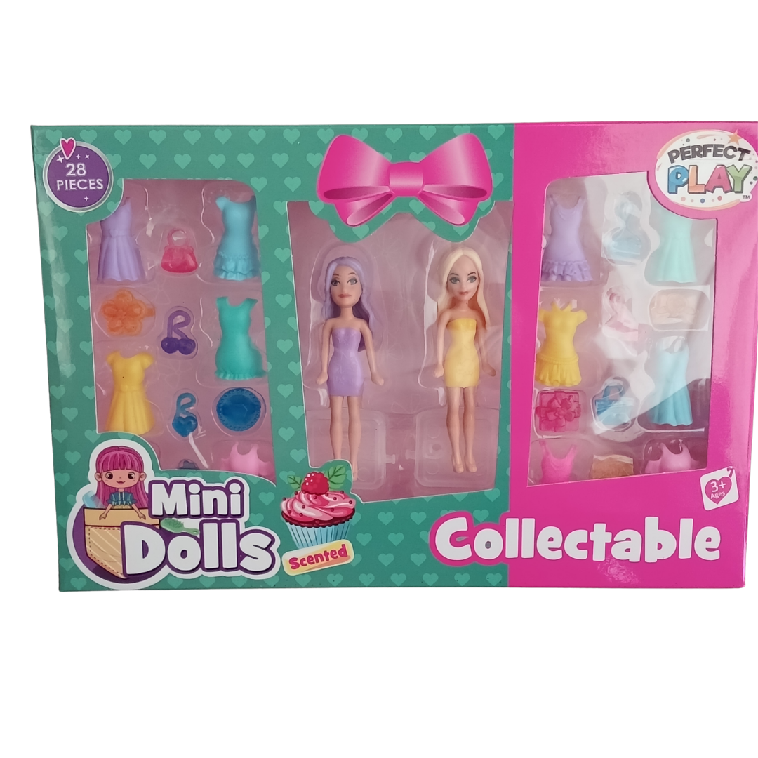 Perfect Play Scented Mini Dolls 28-piece collectable toy box featuring two mini dolls, colorful clip-on dresses, and fashion accessories.