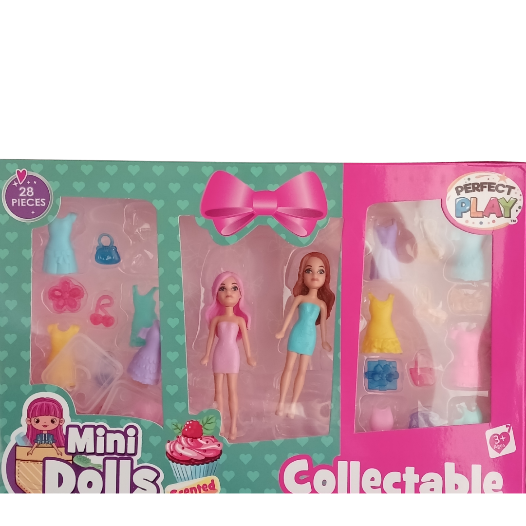 Perfect Play Scented Mini Dolls 28-piece collectable toy box featuring two mini dolls, colorful clip-on dresses, and fashion accessories.