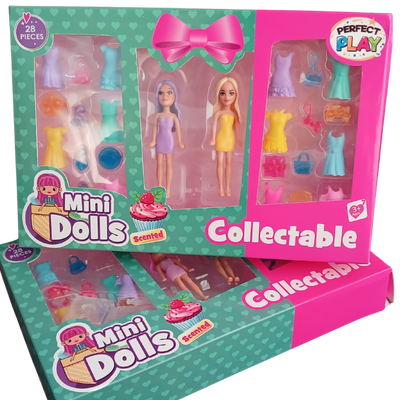 Perfect Play Scented Mini Dolls 28-piece collectable toy box featuring two mini dolls, colorful clip-on dresses, and fashion accessories.