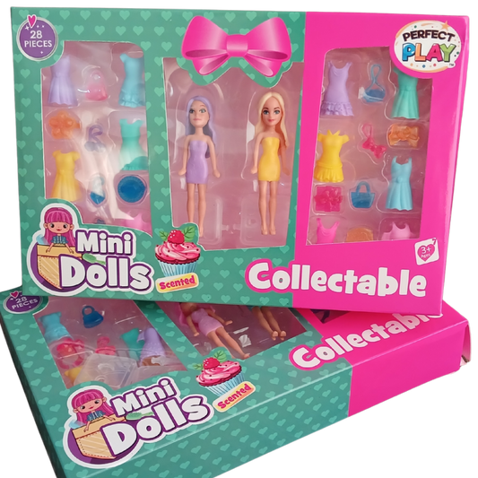 Perfect Play Scented Mini Dolls 28-piece collectable toy box featuring two mini dolls, colorful clip-on dresses, and fashion accessories.