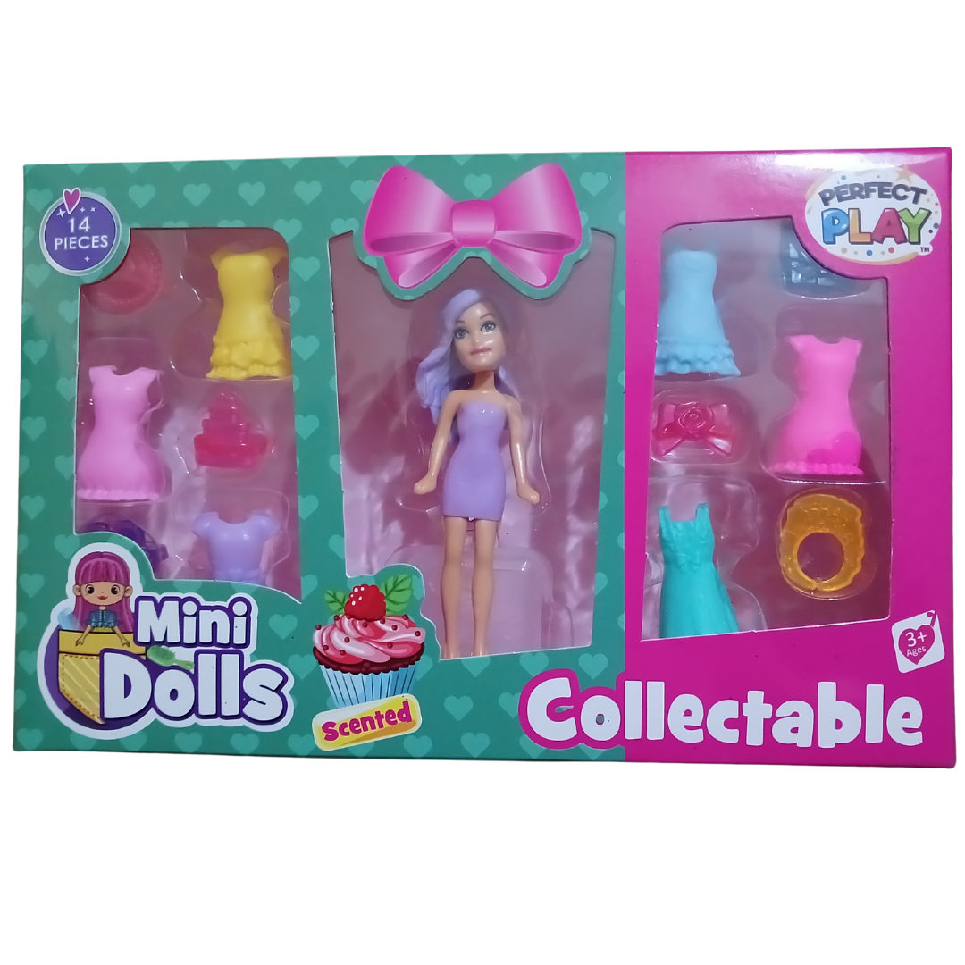 Mini Scented Collectable Dolls featuring purple and red-haired dolls with colorful dress accessories