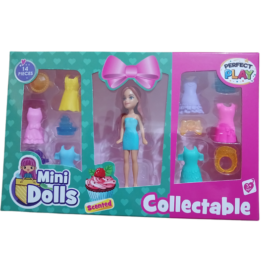 Mini Scented Collectable Dolls featuring purple and red-haired dolls with colorful dress accessories