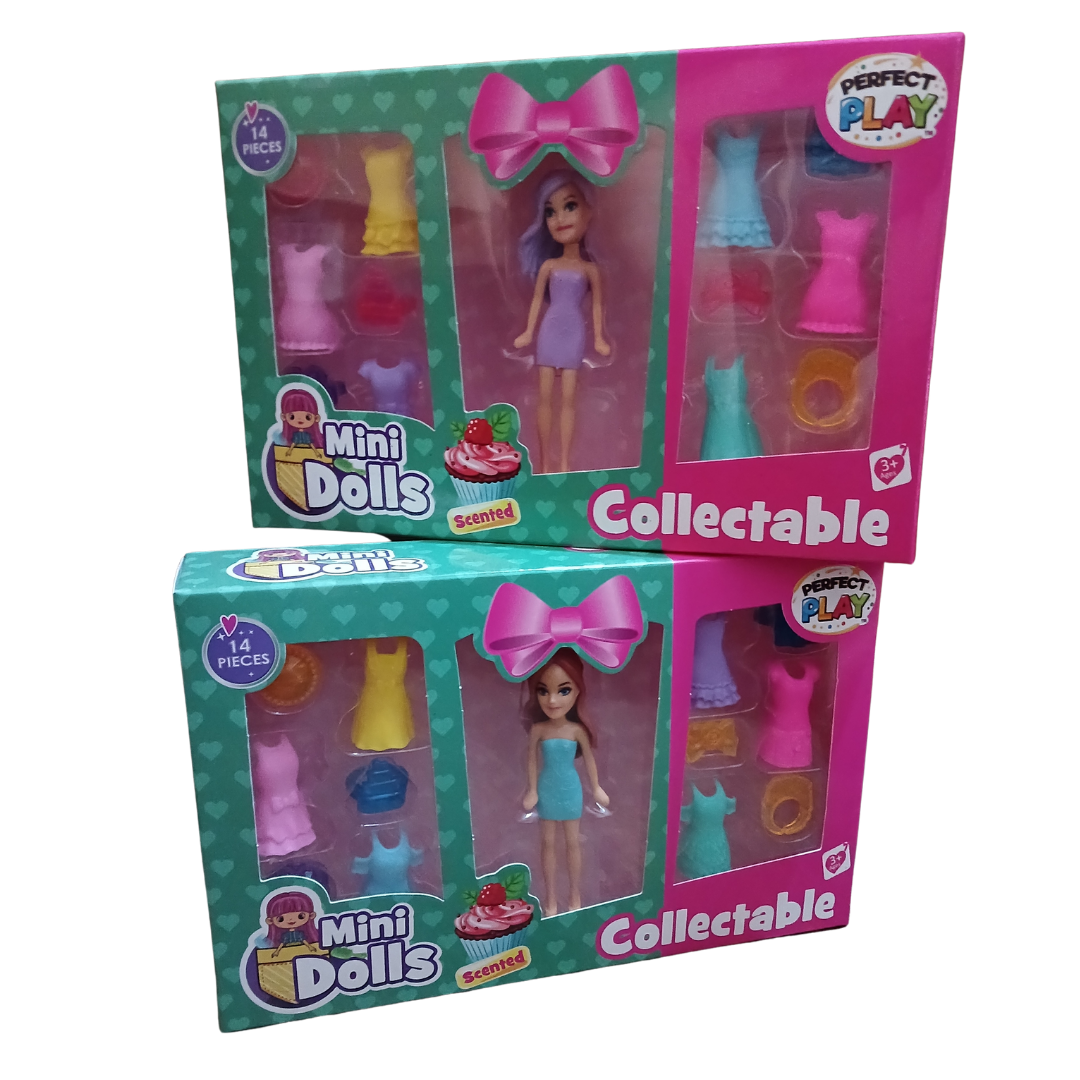Mini Scented Collectable Dolls featuring purple and red-haired dolls with colorful dress accessories