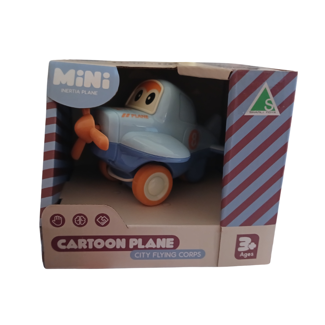 Light blue mini cartoon inertia plane with orange propeller and wheels in original packaging.