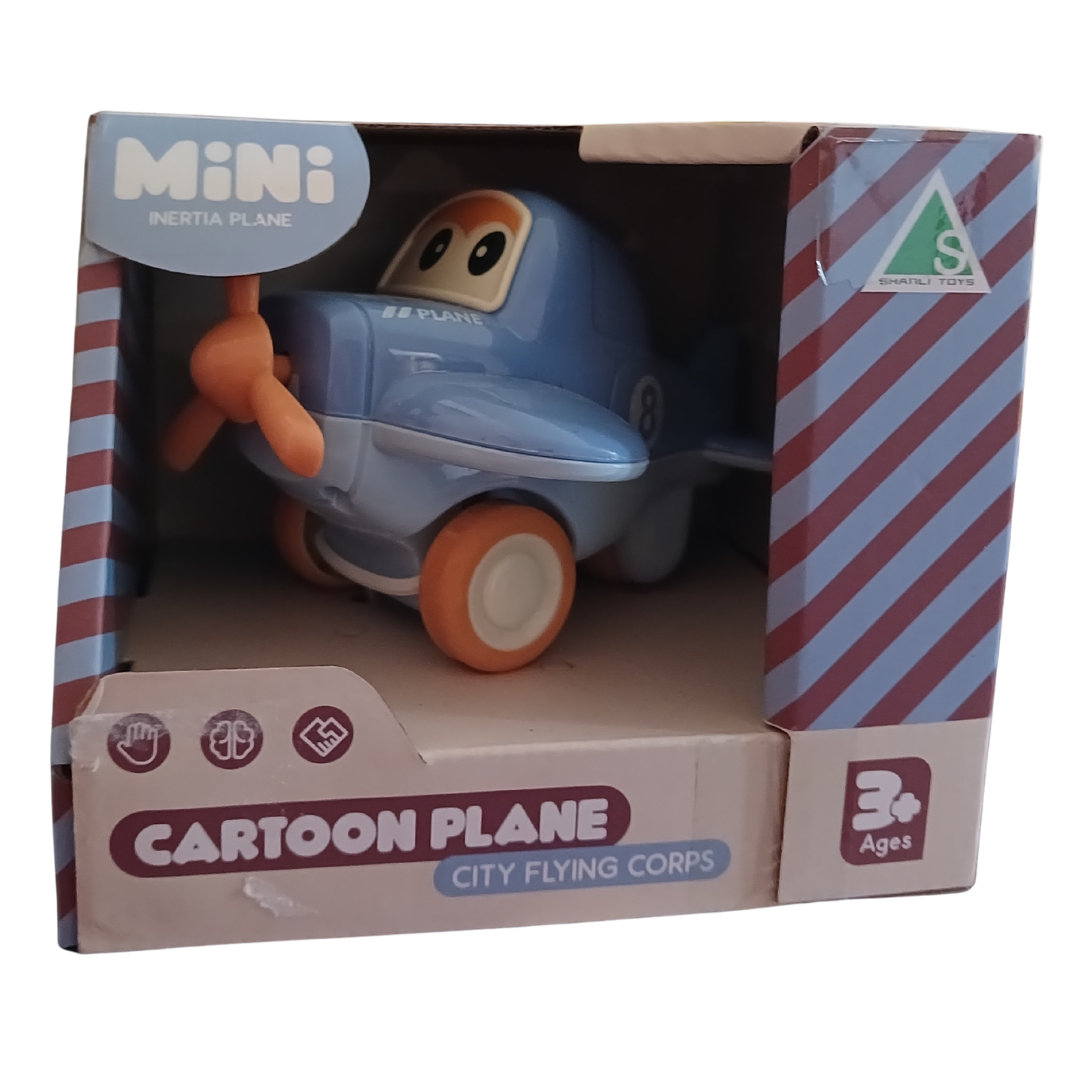 Light blue mini cartoon inertia plane with orange propeller and wheels in original packaging.