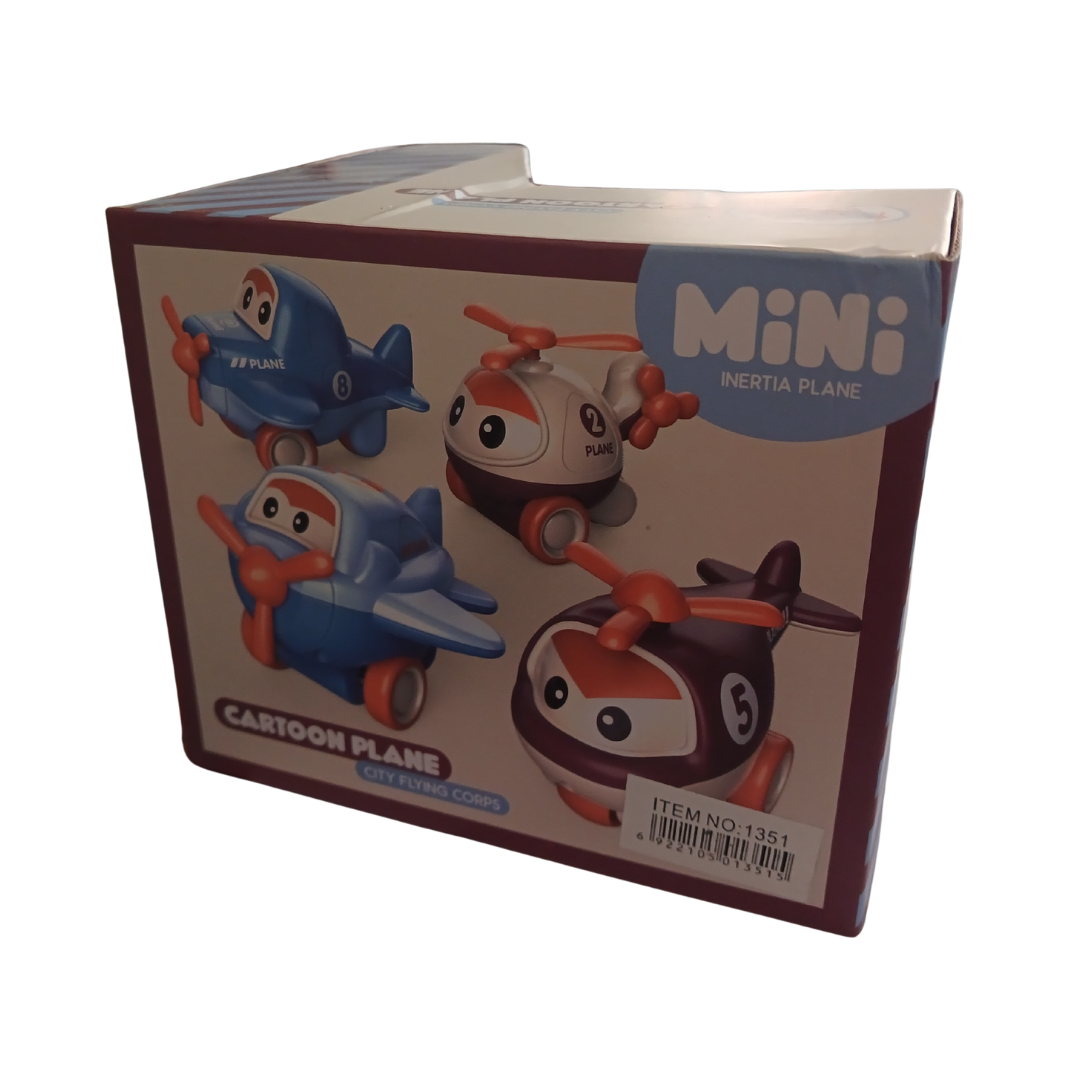 Light blue mini cartoon inertia plane with orange propeller and wheels in original packaging.