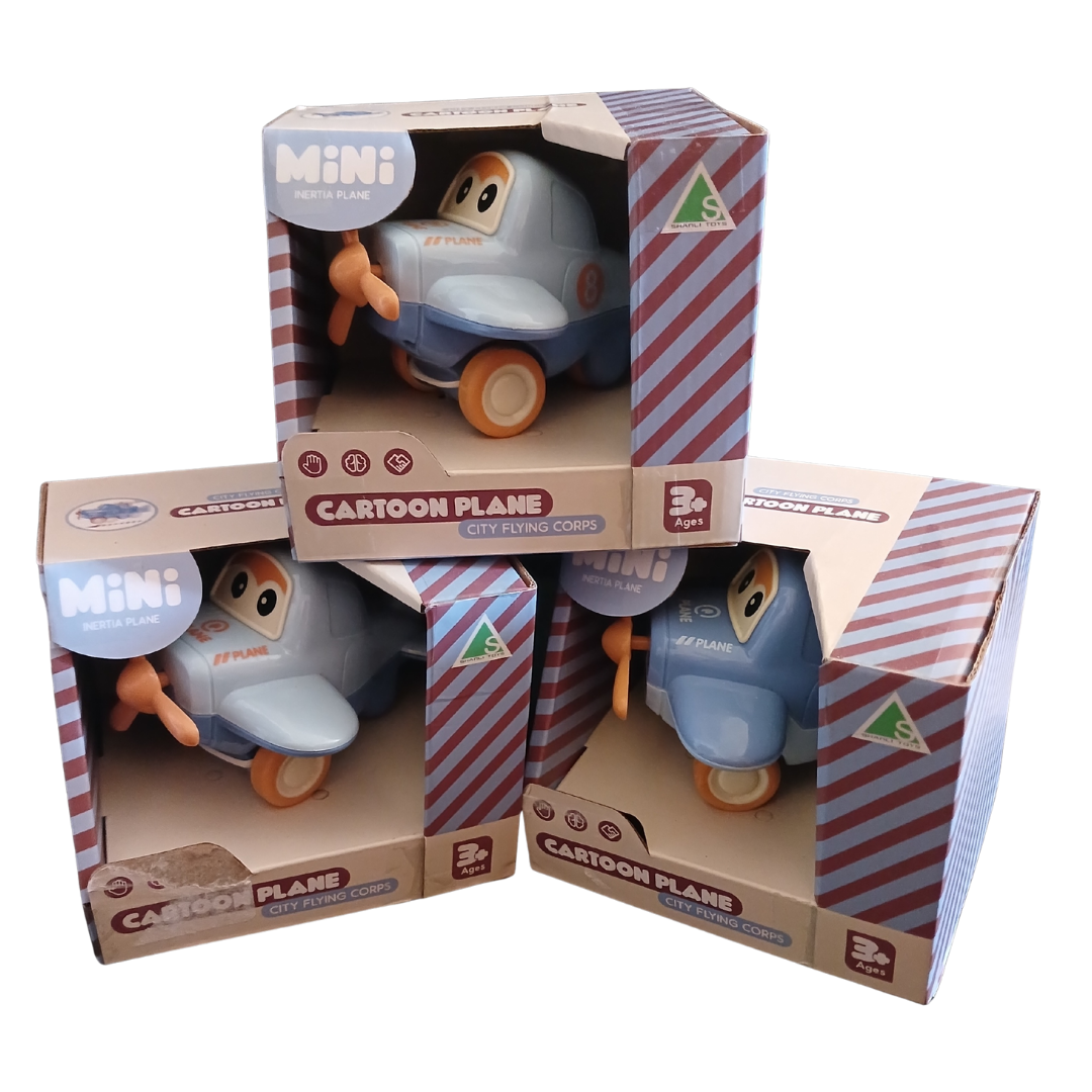 Light blue mini cartoon inertia plane with orange propeller and wheels in original packaging.