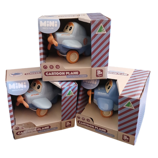 Light blue mini cartoon inertia plane with orange propeller and wheels in original packaging.