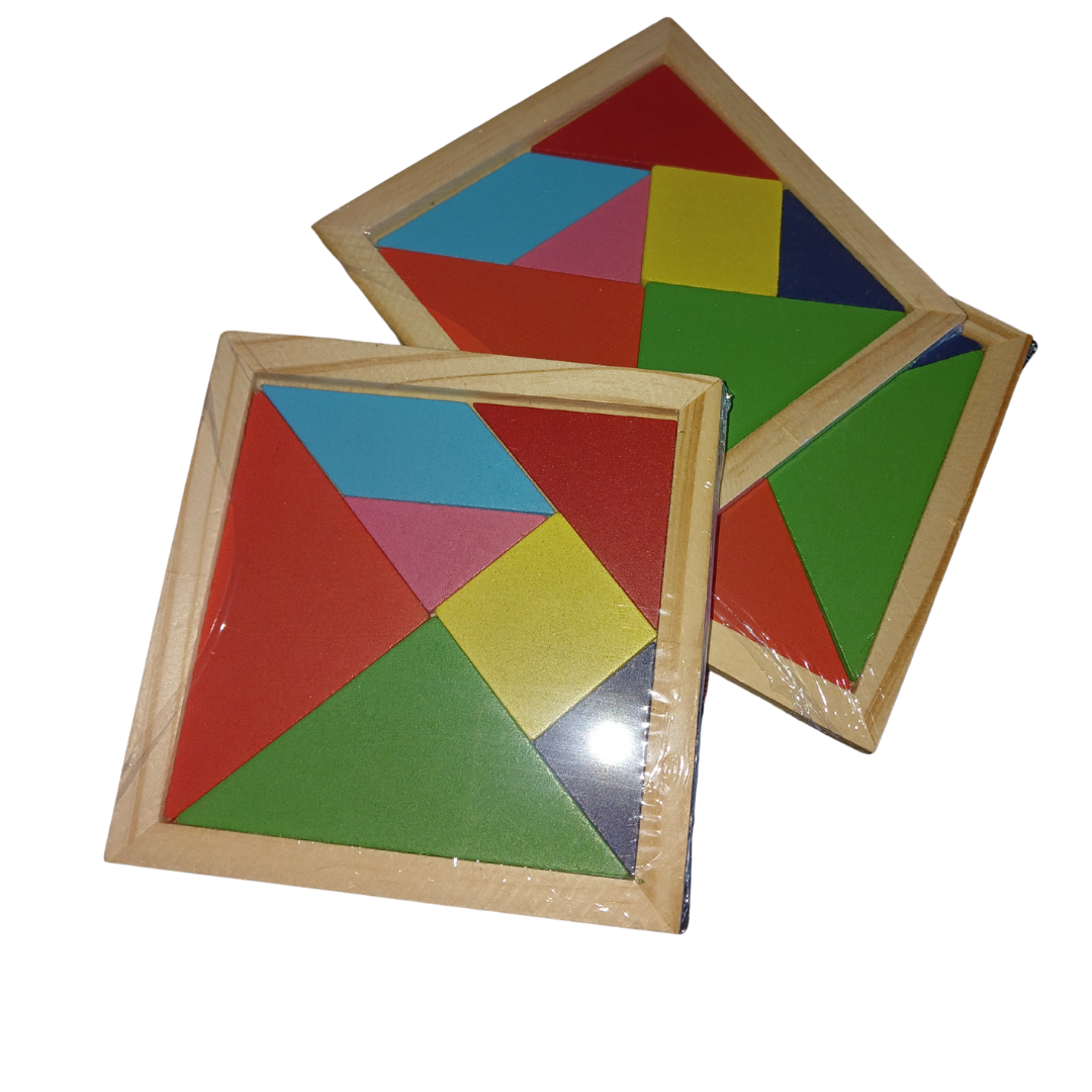 Wooden tangram puzzles in their square frames showing geometric shapes.