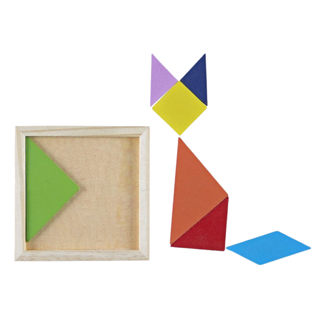 Wooden tangram puzzles in their square frames showing geometric shapes.