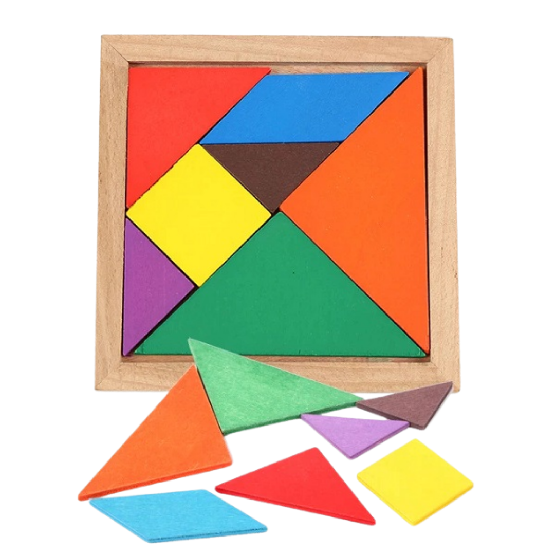 Wooden tangram puzzles in their square frames showing geometric shapes.