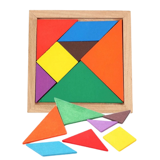 Wooden tangram puzzles in their square frames showing geometric shapes.