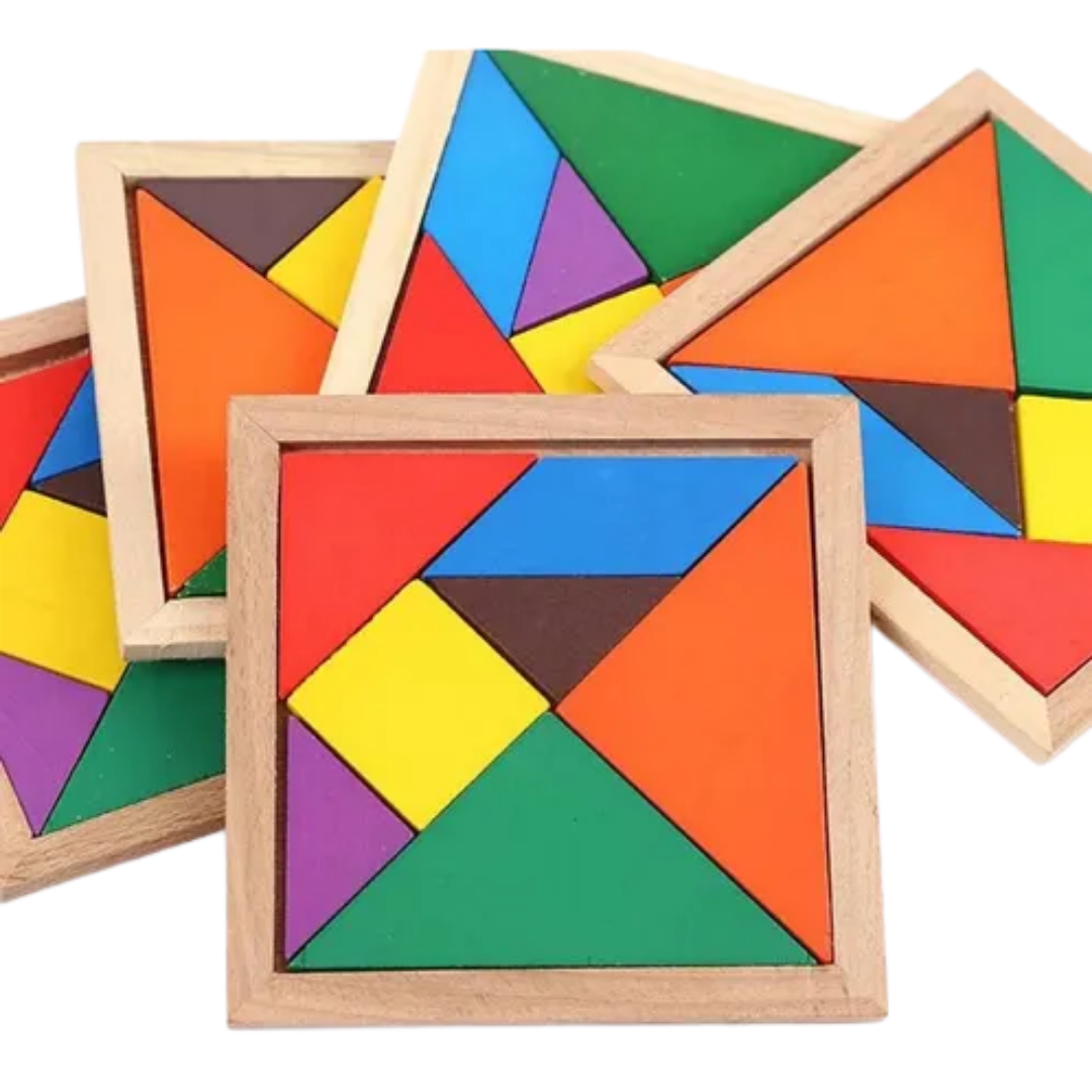 Wooden tangram puzzles in their square frames showing geometric shapes.