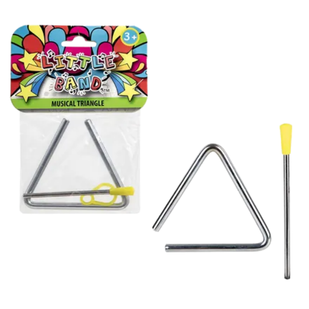 A silver metal musical triangle with a yellow-tipped striker and hanging loop for kids