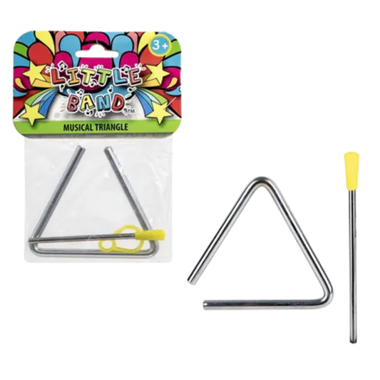 A silver metal musical triangle with a yellow-tipped striker and hanging loop for kids