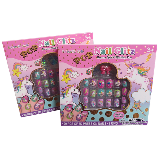 Nail Glits box showing unicorn themed 3D press on nails and a pink bow ring.