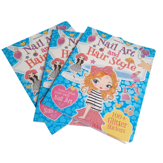 he cover of the Dreamland Nail Art and Hair Style Sticker Book, featuring cartoon girls, fashion illustrations, and text indicating over 100 glitter stickers.
