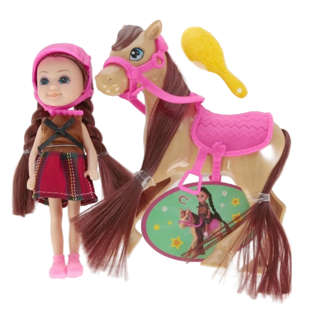 Toy doll and horse set with accessories on a white background