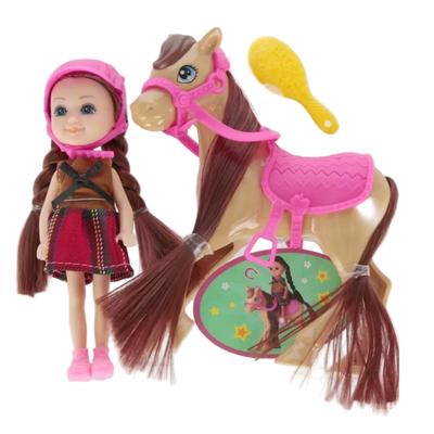 Toy doll and horse set with accessories on a white background