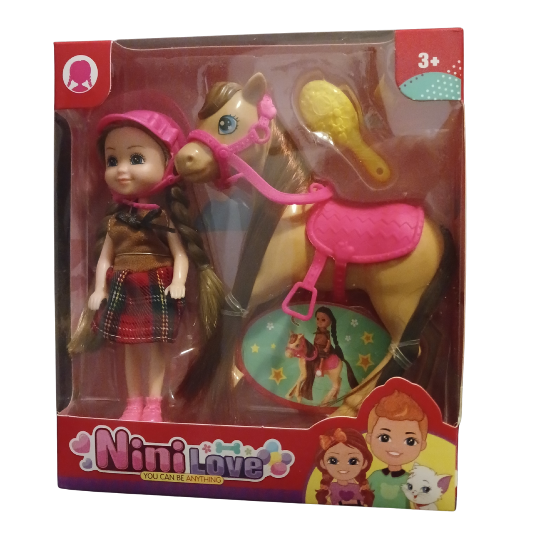 Nini Love doll with a plaid dress and pink hat standing next to a brown horse with a pink saddle and bridle. Includes a yellow brush.