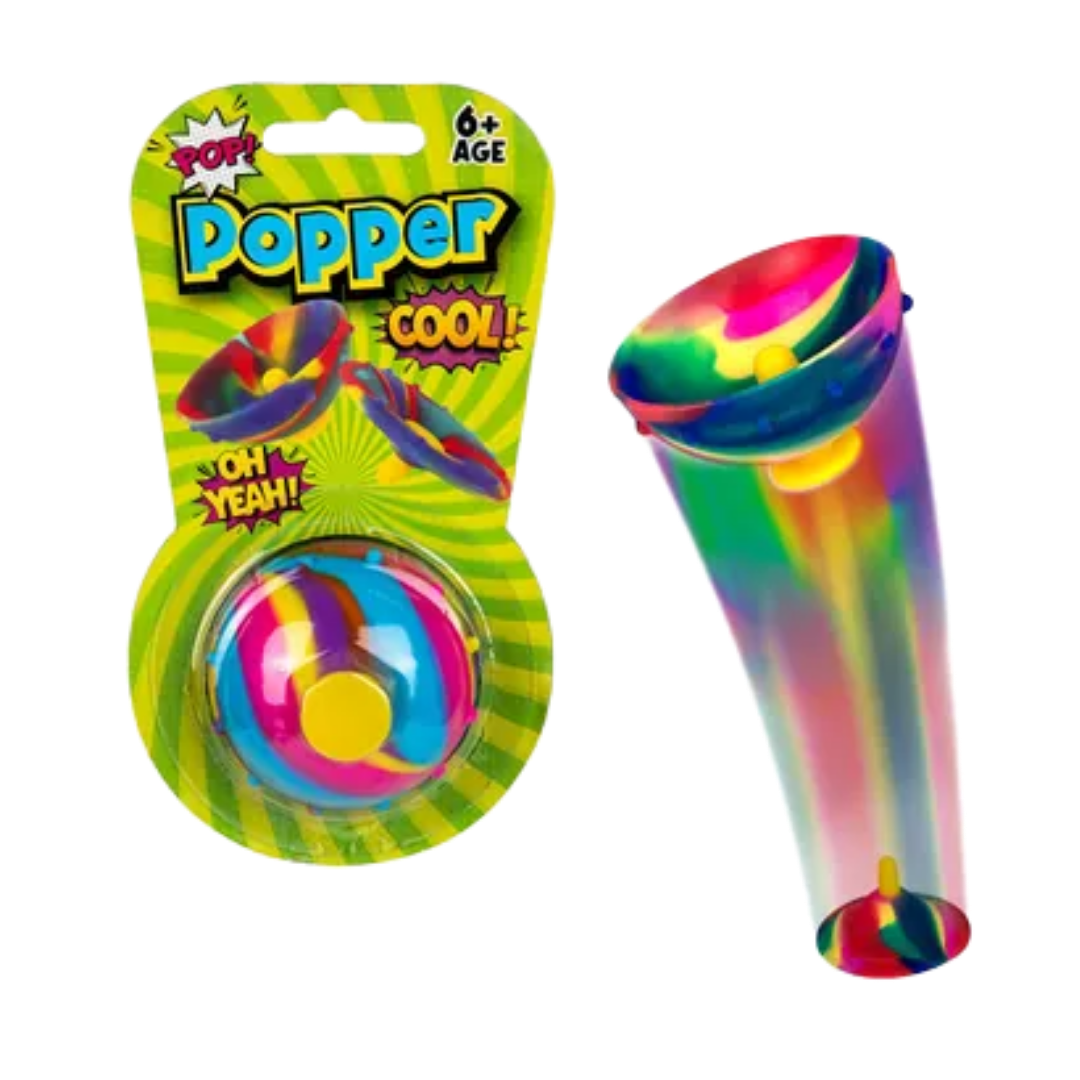 Retro Cool Tie-Dye Rubber Hip Popper toy in original green blister card packaging showing age 6 plus rating as referenced in Popper