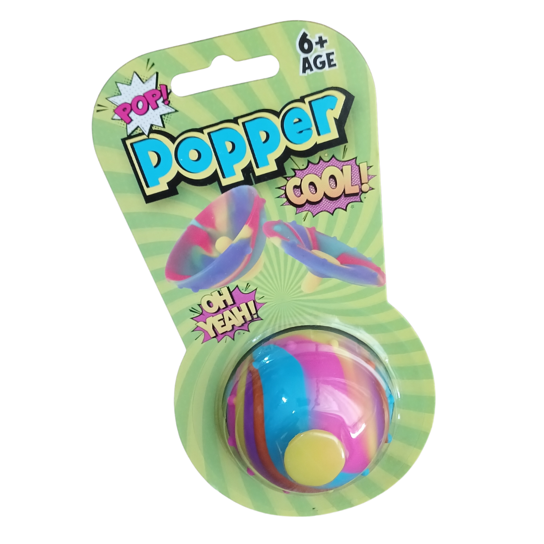 Retro Cool Tie-Dye Rubber Hip Popper toy in original green blister card packaging showing age 6 plus rating as referenced in Popper