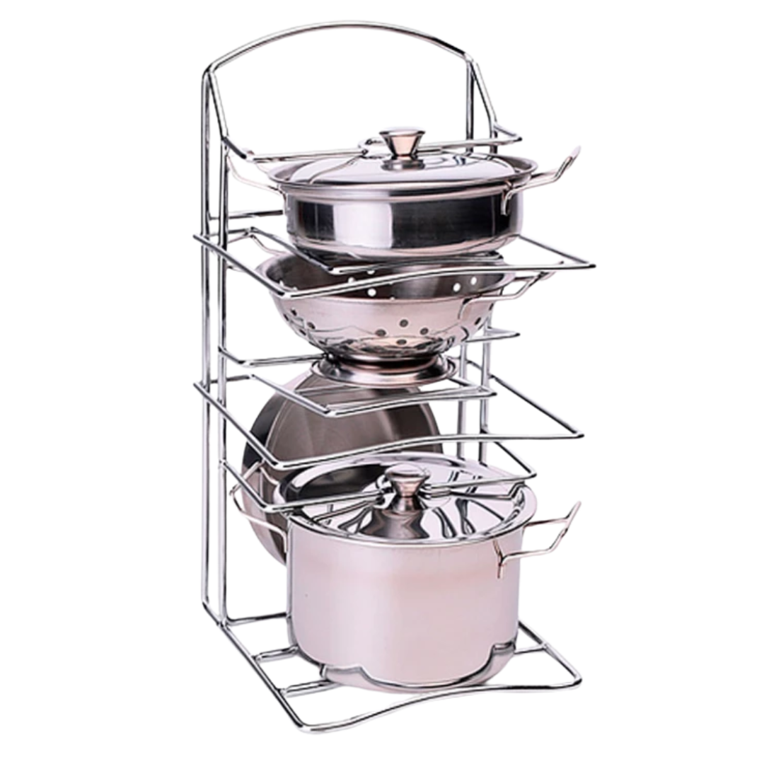 Stainless steel pot organizer with pots and lids with stand
