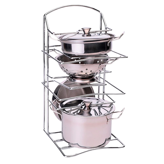 Stainless steel pot organizer with pots and lids with stand
