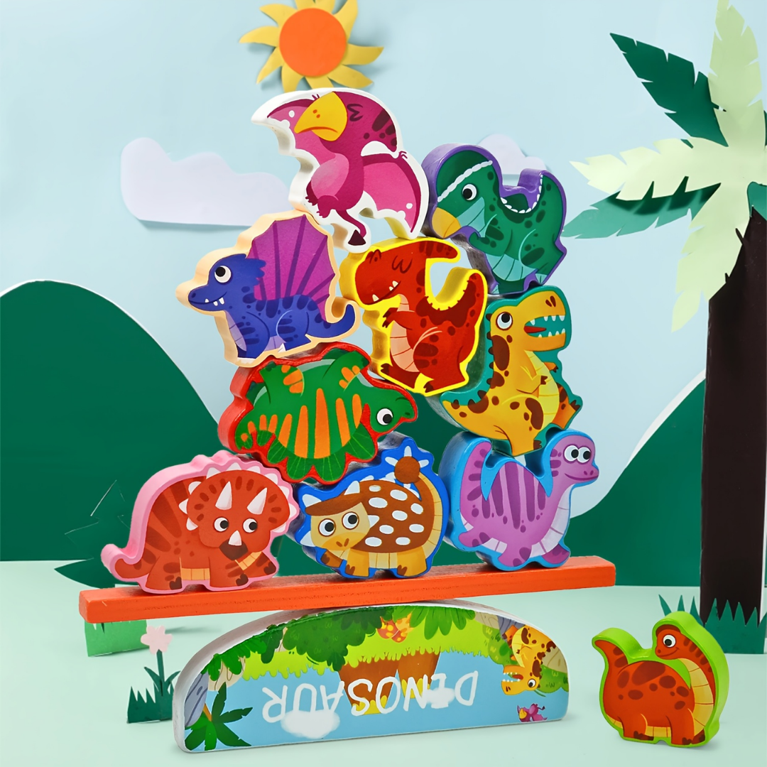 QIYI Wooden Balance Beam sets in Castle, Dinosaur, and Insect themes showing colorful stacking pieces