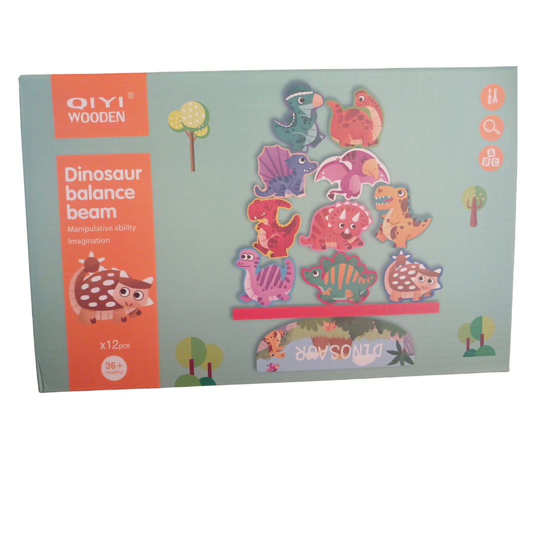 QIYI Wooden Balance Beam sets in Castle, Dinosaur, and Insect themes showing colorful stacking pieces