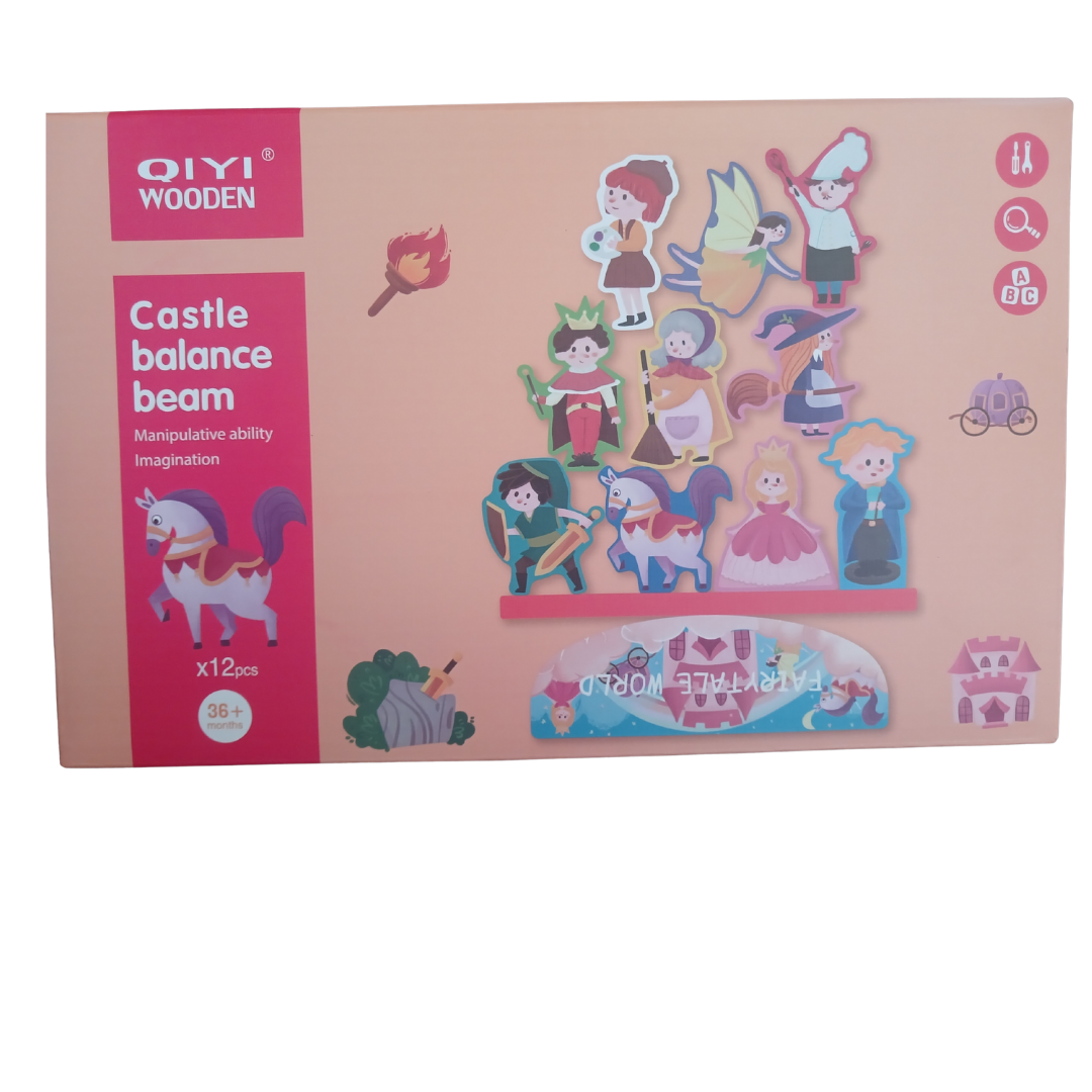 QIYI Wooden Balance Beam sets in Castle, Dinosaur, and Insect themes showing colorful stacking pieces